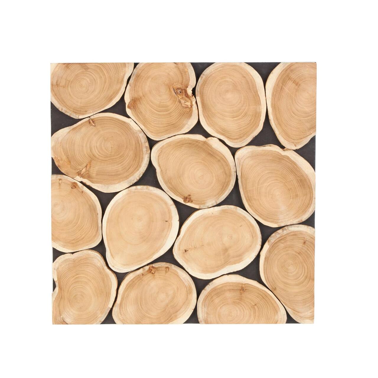 24" x 24" Brown Teak Wood Abstract Handmade Round Mosaic Inspired Wood Slab with Black Backing Wall Décor